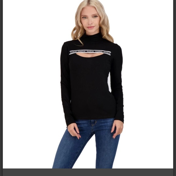 bebe Tops - Bebe ribbed knit cut out logo mock long sleeve shirt